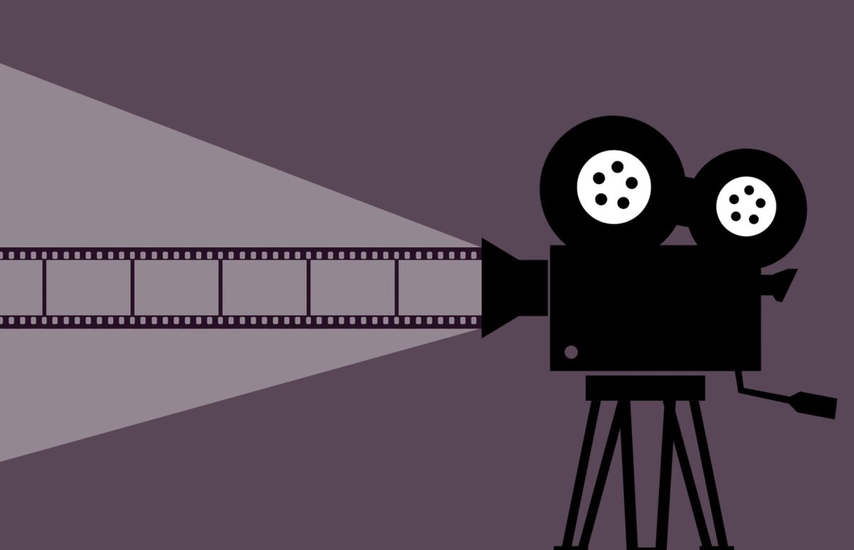 Cartoon image of a film camera projecting a movie